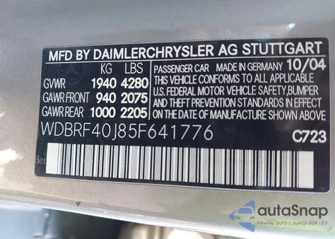 2005 Mercedes-Benz C 230 Kompressor Sport z USA, uszkodzony, nr VIN WDBRF40J85F641776